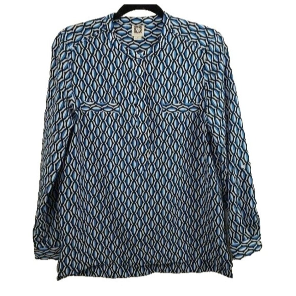 Anne Klein Womens Blouse Top Medium Blue‎ Printed Long Sleeve 1/2 Button Carrier